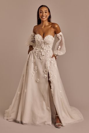 Melissa Sweet Off-the-Shoulder Long Billow Sleeve Wedding Dress